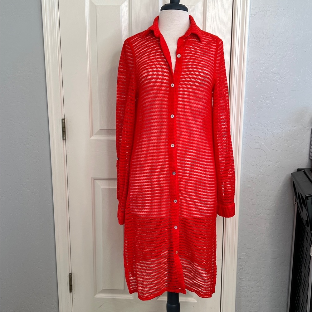 Haute Hippie Style red long sleeve button up swim coverup open knit Large